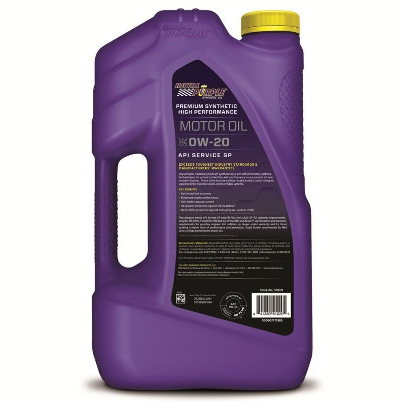 Royal Purple High Performance Synthetic Motor Oil 0W-20, 3 x 5-quart case, part number 53020
