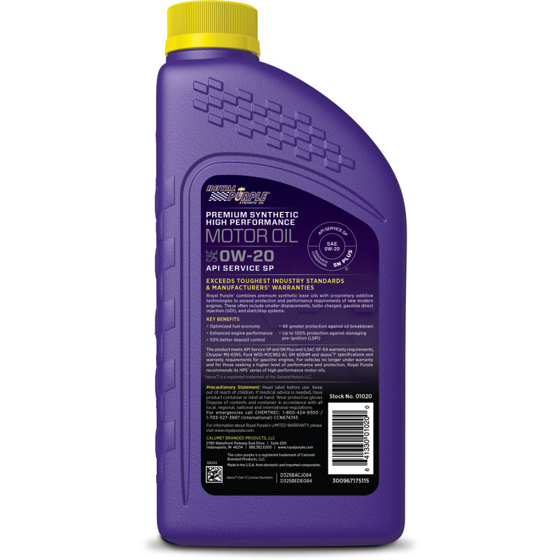 Royal Purple High Performance Synthetic Motor Oil 0W-20, 6 x 1-quart case, part number 06020