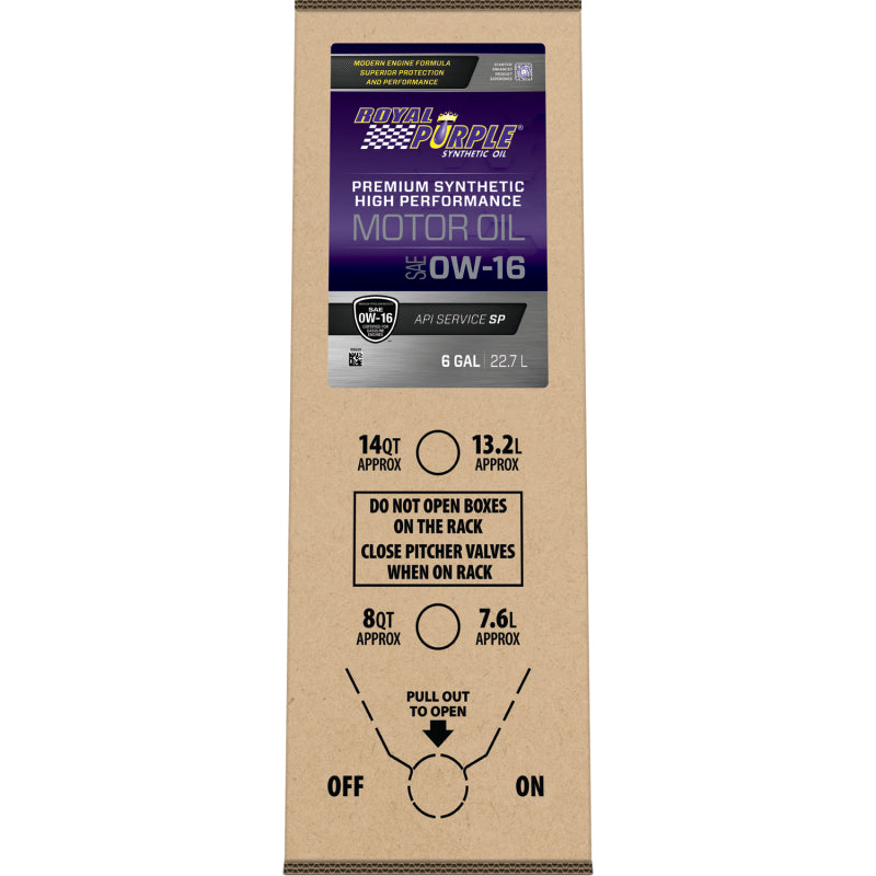 Royal Purple High Performance Ultra-Low Viscosity Synthetic Motor Oil 0W-16, 6-gallon bag-in-box, part number 60016