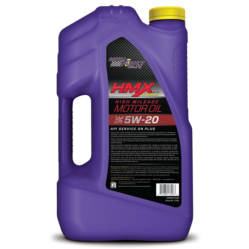 Royal Purple HMX High Mileage Synthetic Motor Oil 5W-20, 3 x 5-quart case, part number 37518