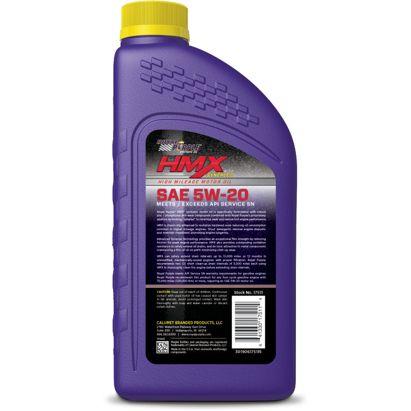 Royal Purple HMX High Mileage Synthetic Motor Oil 5W-20, 6 x 1-quart case, part number 67511
