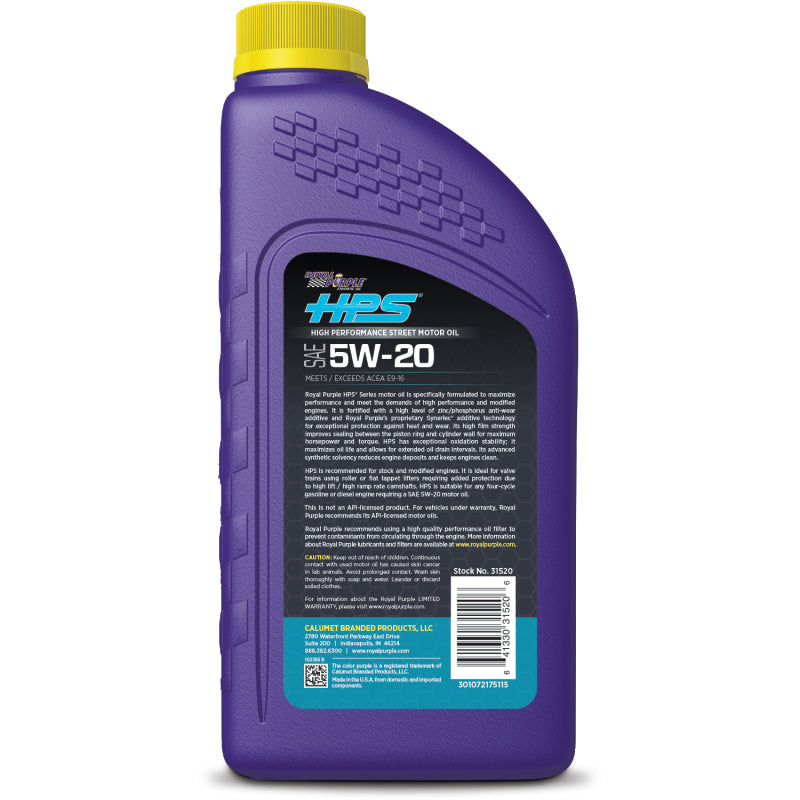 Royal Purple HPS High Performance Street Synthetic Motor Oil 5W-20, 6 x 1-quart case, part number 36520