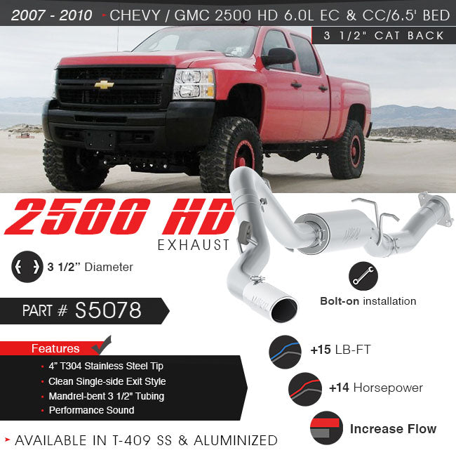 MBRP 3.5" Cat Back, Single Side, T409, Chevy/GMC 2500 HD 6.0L EC/CC-SB 2007 - 2010 MBRP