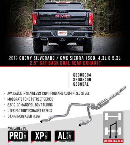 MBRP 2.5" Cat Back, Dual Rear , T304, Chevy/GMC 1500 Silverado/ Sierra 4.3L V6, 5.3L V8 2019 - 2023 MBRP