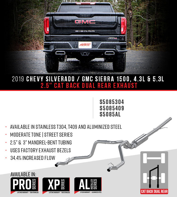 MBRP 2.5" Cat Back, Dual Rear , T304, Chevy/GMC 1500 Silverado/ Sierra 4.3L V6, 5.3L V8 2019 - 2023