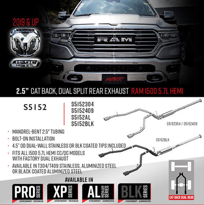 MBRP 2.5" Cat Back, Dual Split Rear, Black Coated, Ram Hemi 1500 5.7L CC/QC 2019 - 2023 MBRP