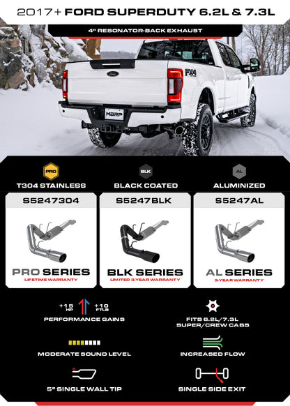 MBRP 2017-2024 Ford F-250/ F-350 6.2L, 6.8L, 7.3L 4in Resonator-Back Single Side Exit Exhaust - S5247BLK MBRP