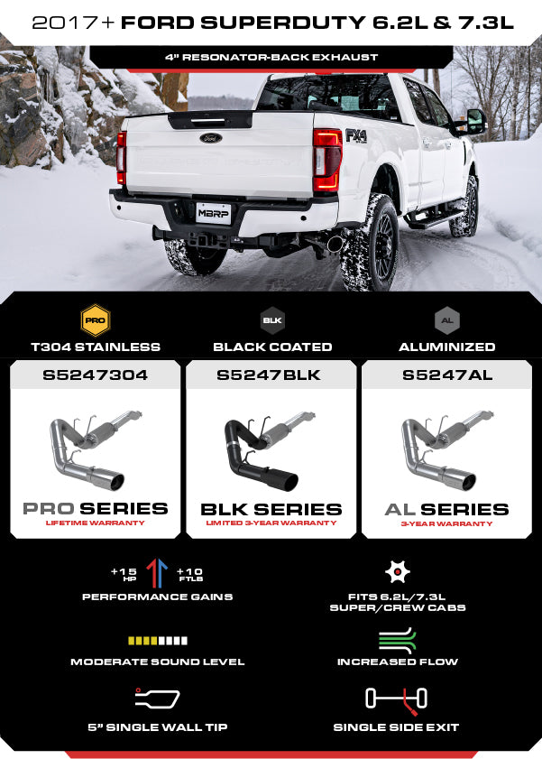 MBRP 2017-2024 Ford F-250/ F-350 6.2L, 6.8L, 7.3L 4in Resonator-Back Single Side Exit Exhaust - S5247BLK