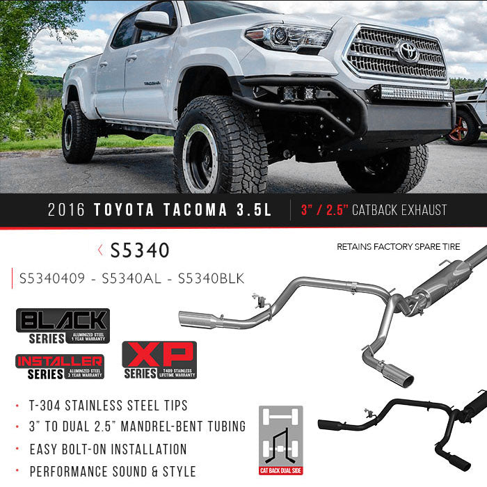 MBRP 2016-2023 Toyota Tacoma 3.5L V6 3in/n.5in Cat-Back, Black Coat Dual Side Exit (Race Profile) - S5340BLK MBRP