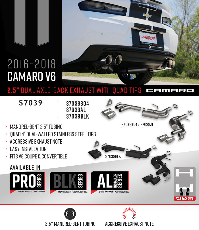 MBRP 2016-2024 Chevrolet Camaro 3.6L V6, NPP 2.5in Axle-Back Quad Rear Exit Exhaust - S7039AL