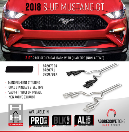 MBRP 2018-2023 Ford Mustang GT 5.0L 3in Cat-Back Quad Rear Exit Exhaust (Race Profile) - S7207304 MBRP