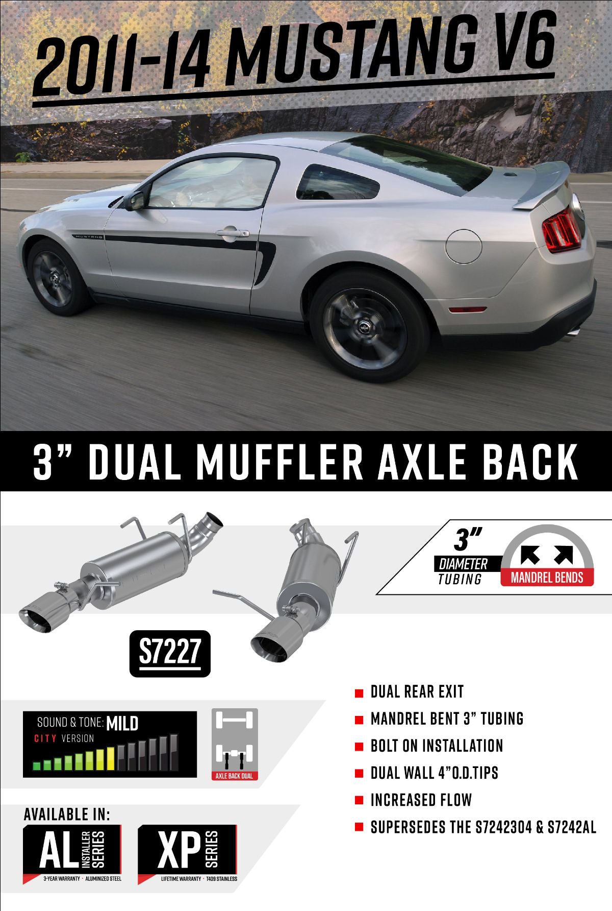 MBRP 3" Dual Muffler Axle Back, Split Rear, AL 2011-2014 V6 3.7L Mustang