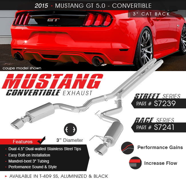 MBRP 3" Cat Back, Dual Split Rear, Street Version, 4.5" tips, Black Coated, Ford Mustang GT 5.0 - Convertible 2015 - 2017 MBRP