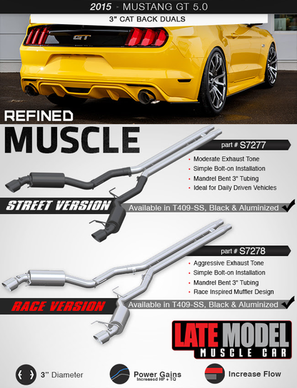 MBRP 3" Cat Back, Dual Split Rear, Street Version, 4.5" tips Aluminized Steel, Ford Mustang GT 5.0 - Coupe Only 2015 - 2017 MBRP