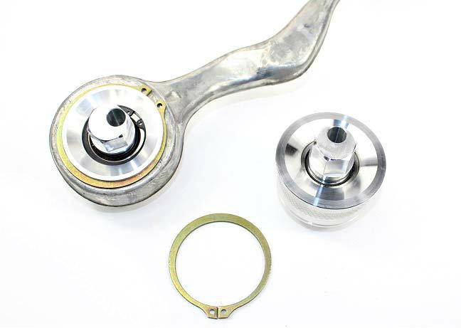 SPL CRB E9X adjustable front caster rod monoball bushings for BMW E9X, E8X, M2, M3, and M4, designed to increase caster and improve steering feel