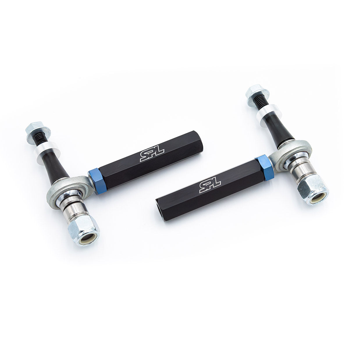 SPL Parts adjustable front tie rod ends with bumpsteer correction for Toyota GR86, Subaru BRZ, FR-S, and WRX, designed to reduce toe change and improve steering stability
