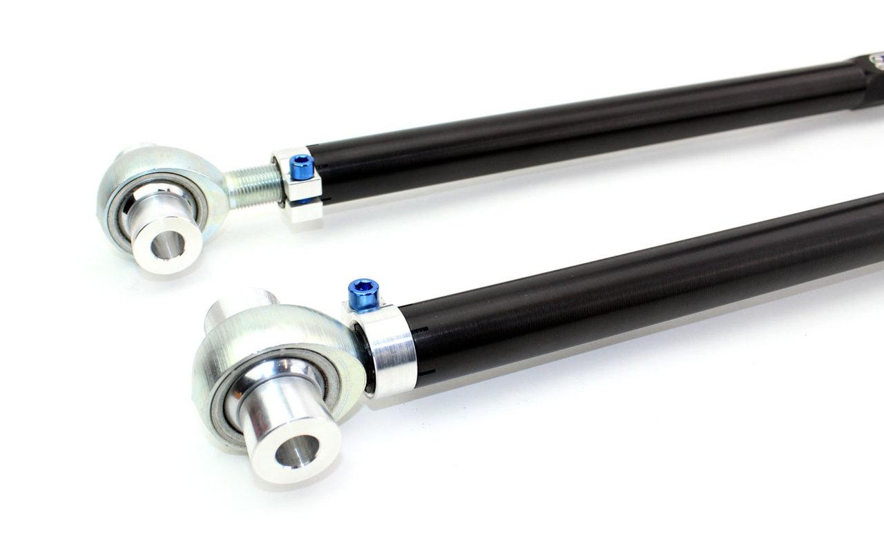 SPL Parts adjustable rear camber links for BMW E36 and E46, designed to increase camber adjustment range, reduce tire wear, and improve rear suspension stability