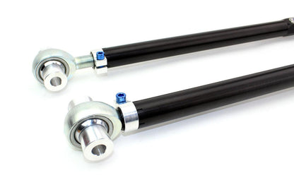 SPL Parts adjustable rear camber links for BMW E36 and E46, designed to increase camber adjustment range, reduce tire wear, and improve rear suspension stability