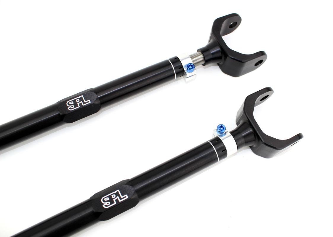SPL Parts adjustable rear camber links for BMW E36 and E46, designed to increase camber adjustment range, reduce tire wear, and improve rear suspension stability