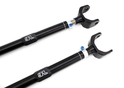 SPL Parts adjustable rear camber links for BMW E36 and E46, designed to increase camber adjustment range, reduce tire wear, and improve rear suspension stability