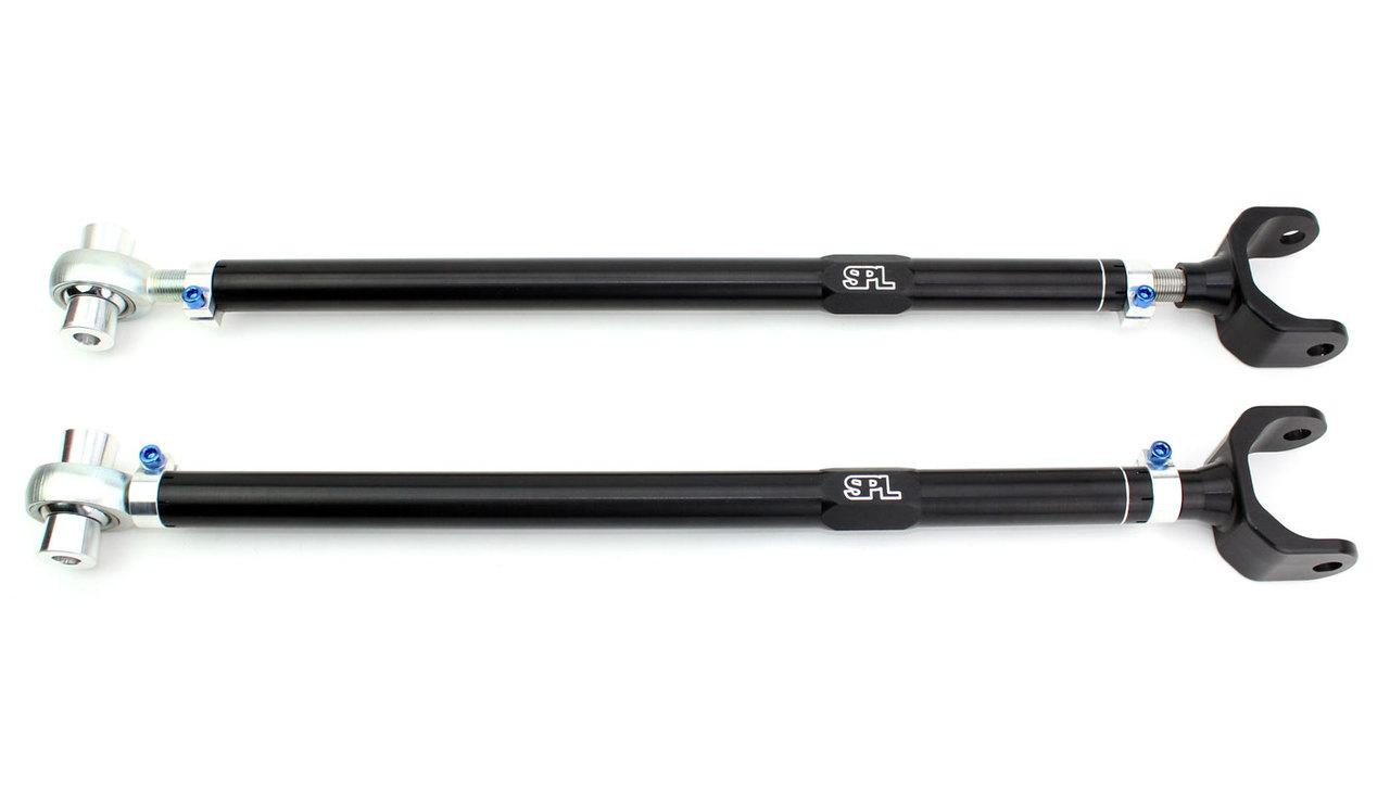 SPL Parts adjustable rear camber links for BMW E36 and E46, designed to increase camber adjustment range, reduce tire wear, and improve rear suspension stability