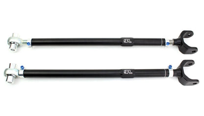 SPL Parts adjustable rear camber links for BMW E36 and E46, designed to increase camber adjustment range, reduce tire wear, and improve rear suspension stability