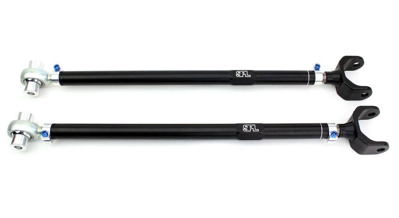 SPL Parts adjustable rear camber links for BMW E36 and E46, designed to increase camber adjustment range, reduce tire wear, and improve rear suspension stability