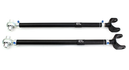 SPL Parts adjustable rear camber links for BMW E36 and E46, designed to increase camber adjustment range, reduce tire wear, and improve rear suspension stability