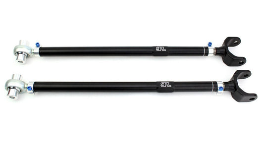 SPL Parts adjustable rear camber links for BMW E36 and E46, designed to increase camber adjustment range, reduce tire wear, and improve rear suspension stability