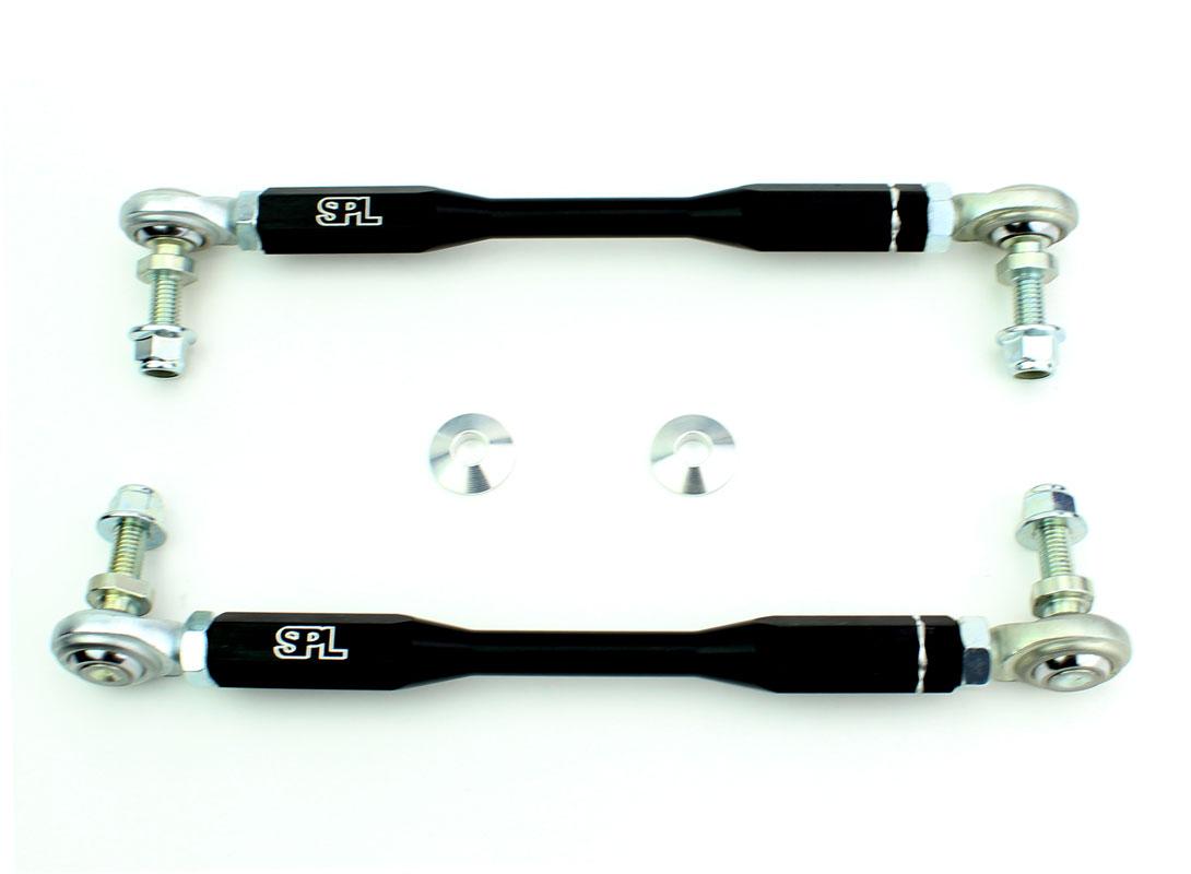 SPL Parts adjustable front sway bar endlinks for BMW E8X and E9X non-M models, featuring high-load FK bearings and preload-free adjustment for aftermarket sway bars