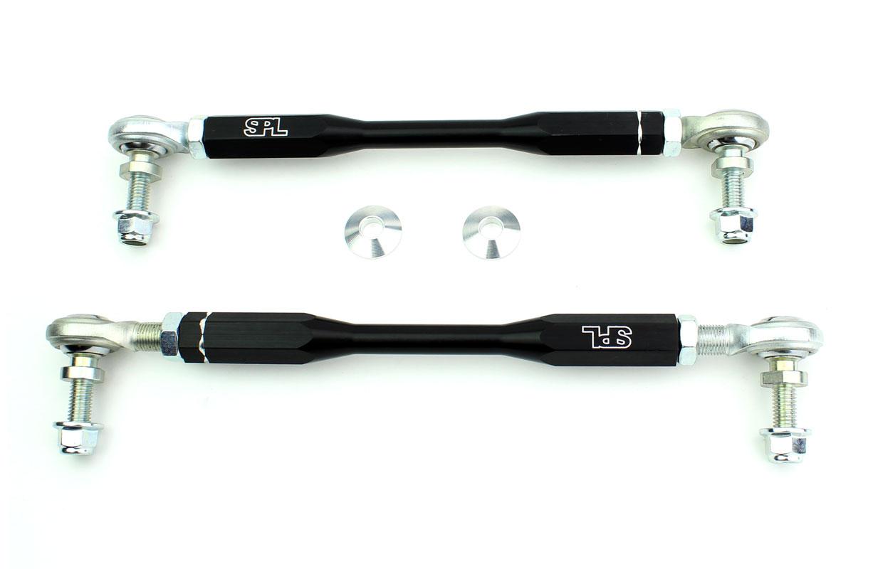 SPL Parts adjustable front sway bar endlinks for BMW E8X and E9X non-M models, featuring high-load FK bearings and preload-free adjustment for aftermarket sway bars