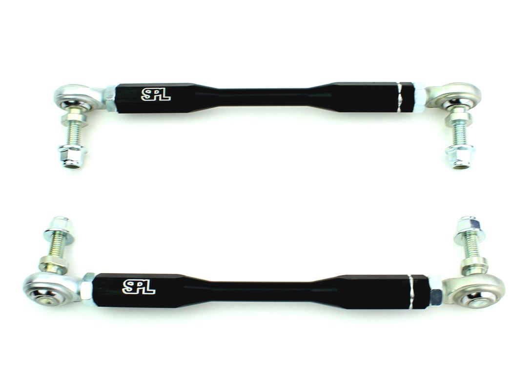 SPL Parts adjustable front sway bar endlinks for BMW F2X and F3X models, featuring high-load FK bearings and preload-free adjustment for aftermarket sway bars