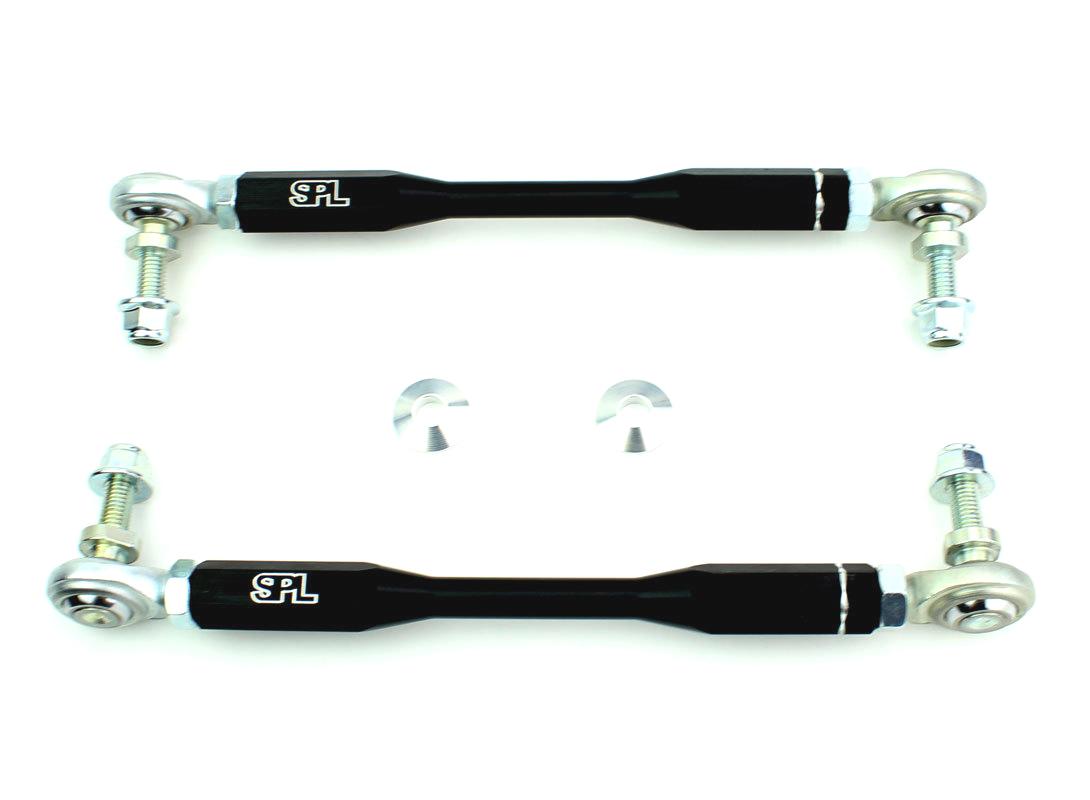 SPL Parts adjustable front sway bar endlinks for BMW F8X and G8X M2, M3, and M4, designed to eliminate preload and support high-load aftermarket sway bars