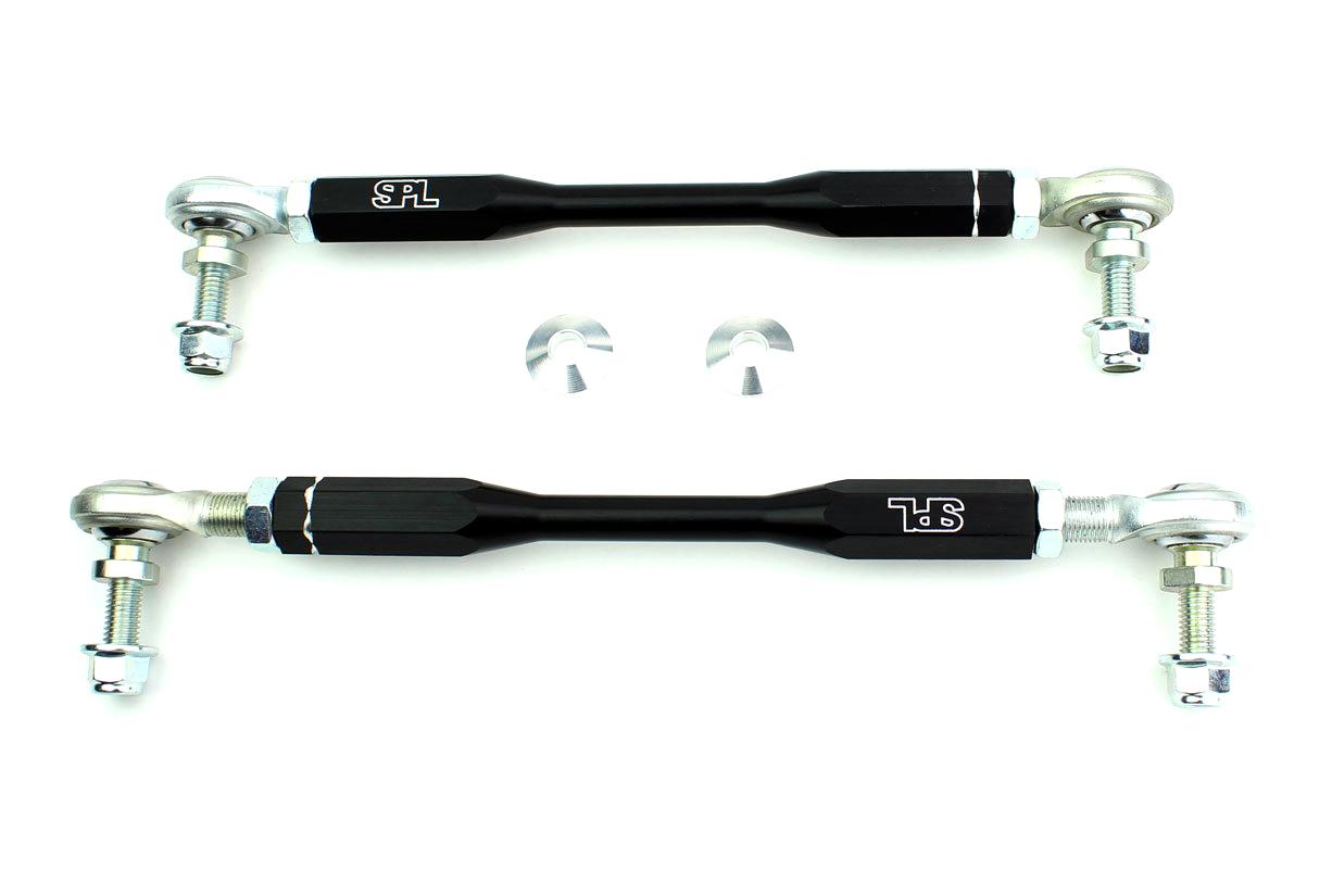 SPL Parts adjustable front sway bar endlinks for BMW F8X and G8X M2, M3, and M4, designed to eliminate preload and support high-load aftermarket sway bars