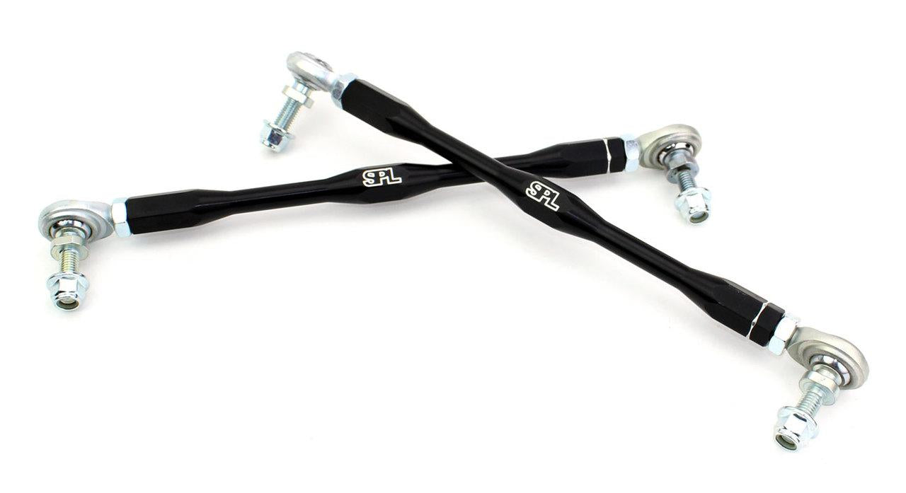 SPL Parts adjustable front sway bar endlinks for BMW M and G-series vehicles, featuring high-load FK bearings, chromoly studs, and preload-free adjustment for aftermarket sway bars