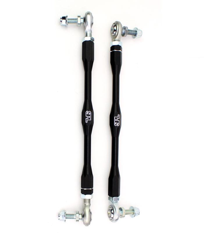 SPL Parts adjustable front sway bar endlinks for BMW M and G-series vehicles, featuring high-load FK bearings, chromoly studs, and preload-free adjustment for aftermarket sway bars