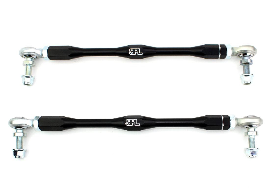 SPL Parts adjustable front sway bar endlinks for BMW M and G-series vehicles, featuring high-load FK bearings, chromoly studs, and preload-free adjustment for aftermarket sway bars