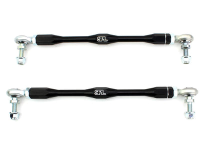 SPL Parts adjustable front sway bar endlinks for BMW M and G-series vehicles, featuring high-load FK bearings, chromoly studs, and preload-free adjustment for aftermarket sway bars