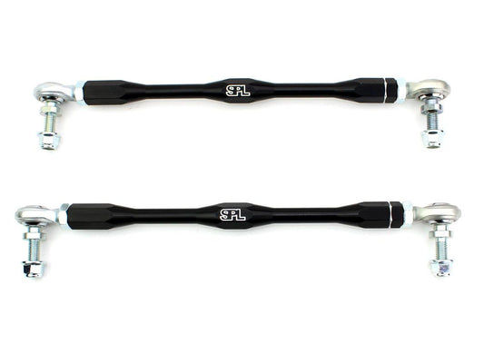 SPL Parts adjustable front sway bar endlinks for BMW M and G-series vehicles, featuring high-load FK bearings, chromoly studs, and preload-free adjustment for aftermarket sway bars