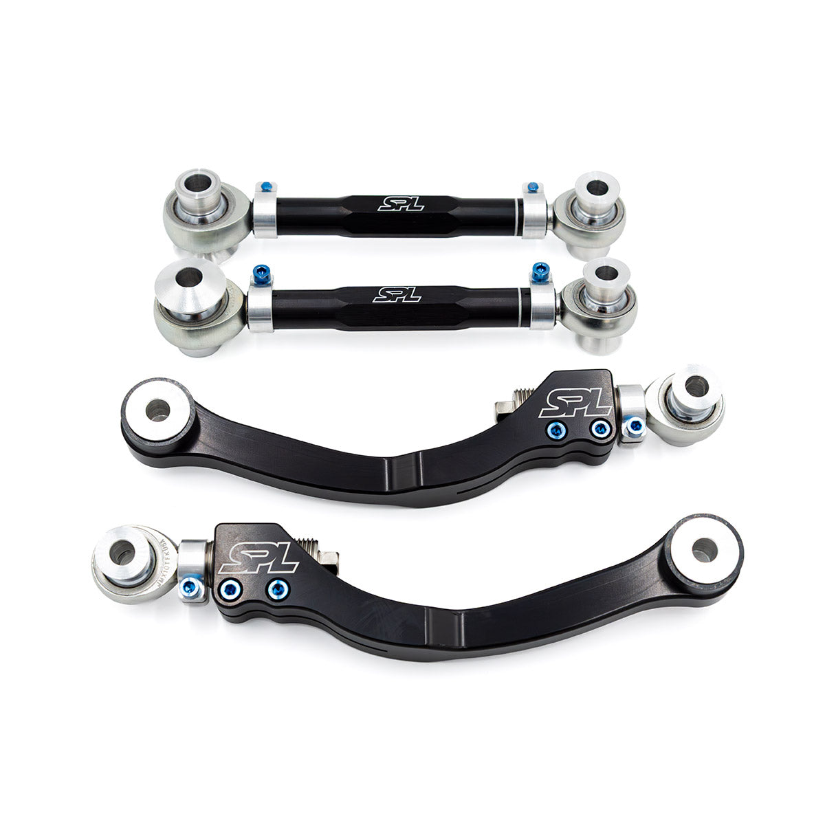 SPL Parts Titanium Series adjustable rear upper control arms for Toyota Supra A90 and BMW G-series vehicles, designed to increase rear camber adjustment and eliminate bushing deflection