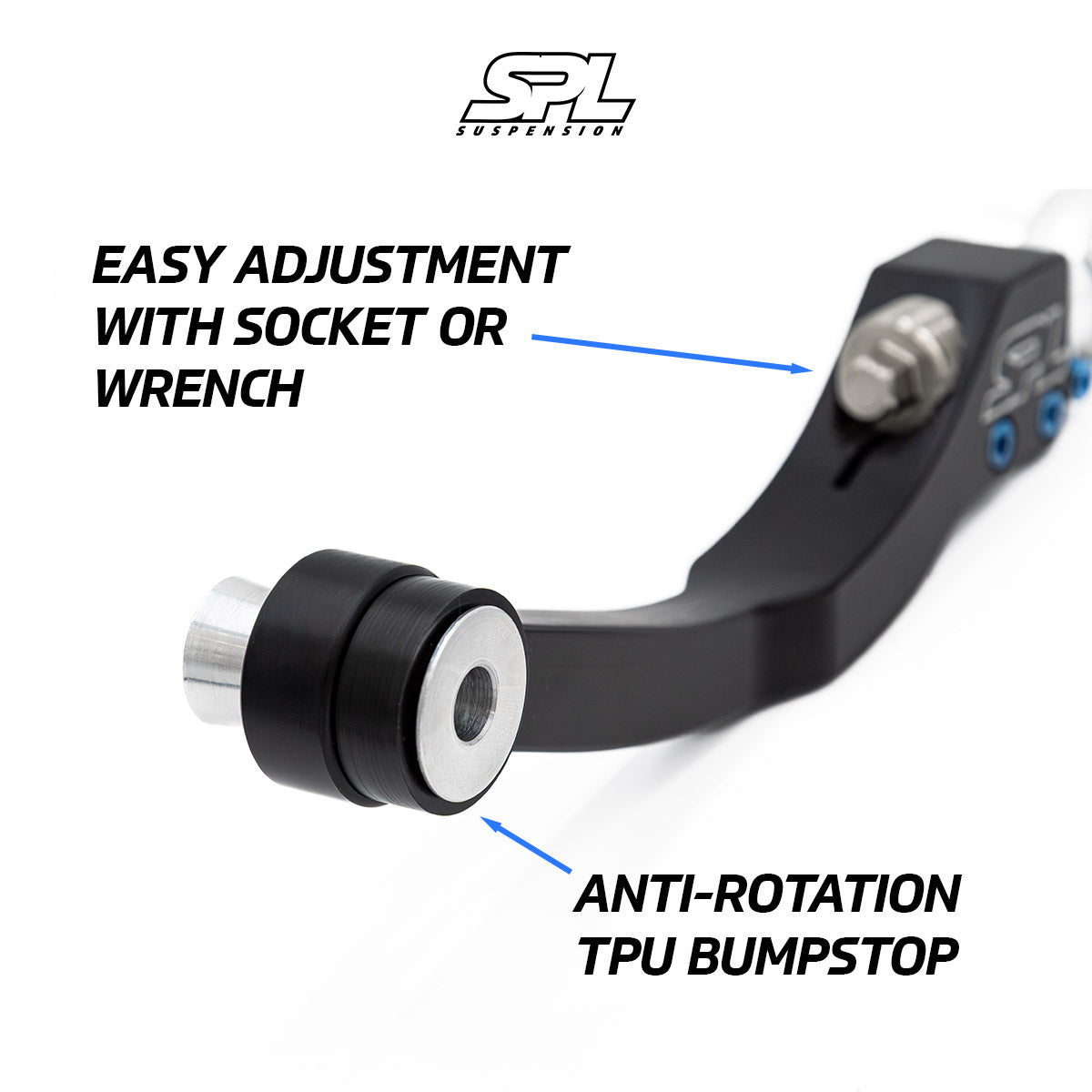 SPL Parts Titanium Series adjustable rear upper control arms for Toyota Supra A90 and BMW G-series vehicles, designed to increase rear camber adjustment and eliminate bushing deflection
