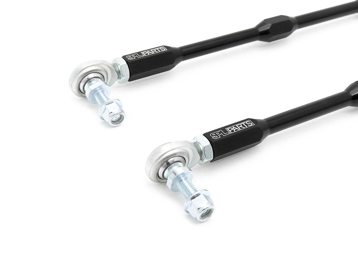 SPL Parts adjustable front sway bar endlinks for Toyota GR Supra A90 and BMW Z4 G29, featuring high-load FK bearings and preload-free adjustment for aftermarket sway bars