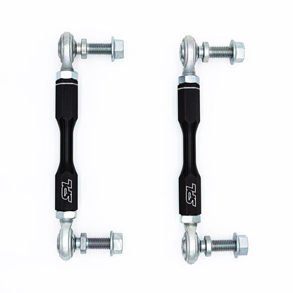 SPL Parts shortened adjustable front sway bar endlinks for Toyota GR86, Subaru BRZ, and FR-S, designed to eliminate preload and correct sway bar angle on modified suspension setups