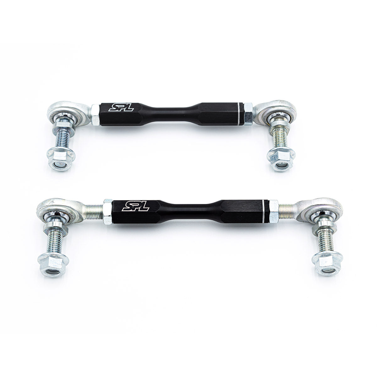 SPL Parts shortened adjustable front sway bar endlinks for Toyota GR86, Subaru BRZ, and FR-S, designed to eliminate preload and correct sway bar angle on modified suspension setups