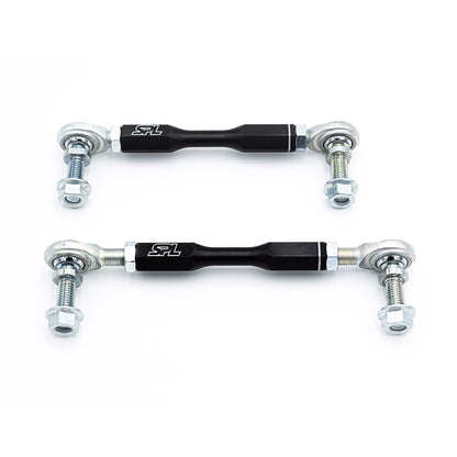 SPL Parts shortened adjustable front sway bar endlinks for Toyota GR86, Subaru BRZ, and FR-S, designed to eliminate preload and correct sway bar angle on modified suspension setups