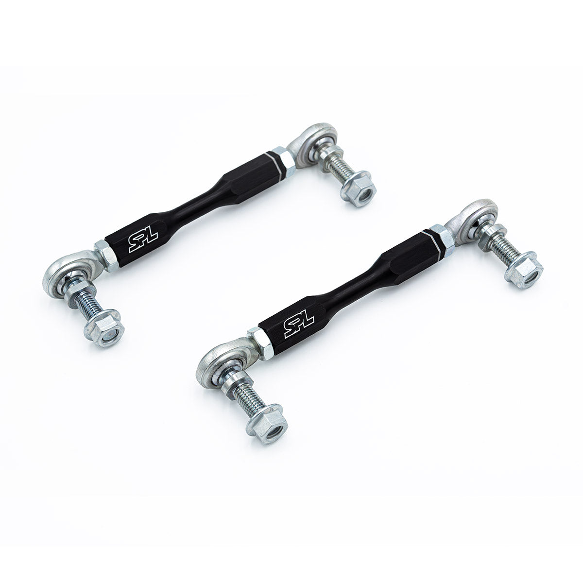 SPL Parts shortened adjustable front sway bar endlinks for Toyota GR86, Subaru BRZ, and FR-S, designed to eliminate preload and correct sway bar angle on modified suspension setups