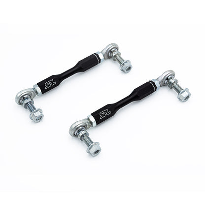 SPL Parts shortened adjustable front sway bar endlinks for Toyota GR86, Subaru BRZ, and FR-S, designed to eliminate preload and correct sway bar angle on modified suspension setups