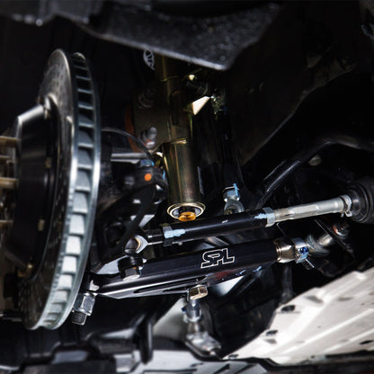 SPL Parts shortened adjustable front sway bar endlinks for Toyota GR86, Subaru BRZ, and FR-S, designed to eliminate preload and correct sway bar angle on modified suspension setups