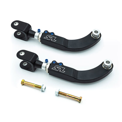 SPL Parts adjustable rear upper control arms for Toyota GR Corolla, designed to increase rear camber adjustability, eliminate bushing deflection, and improve suspension response