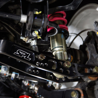 SPL RE FRS adjustable rear sway bar endlinks for GR86, BRZ, WRX, and FR-S, designed to eliminate preload, correct sway bar angle, and improve handling balance